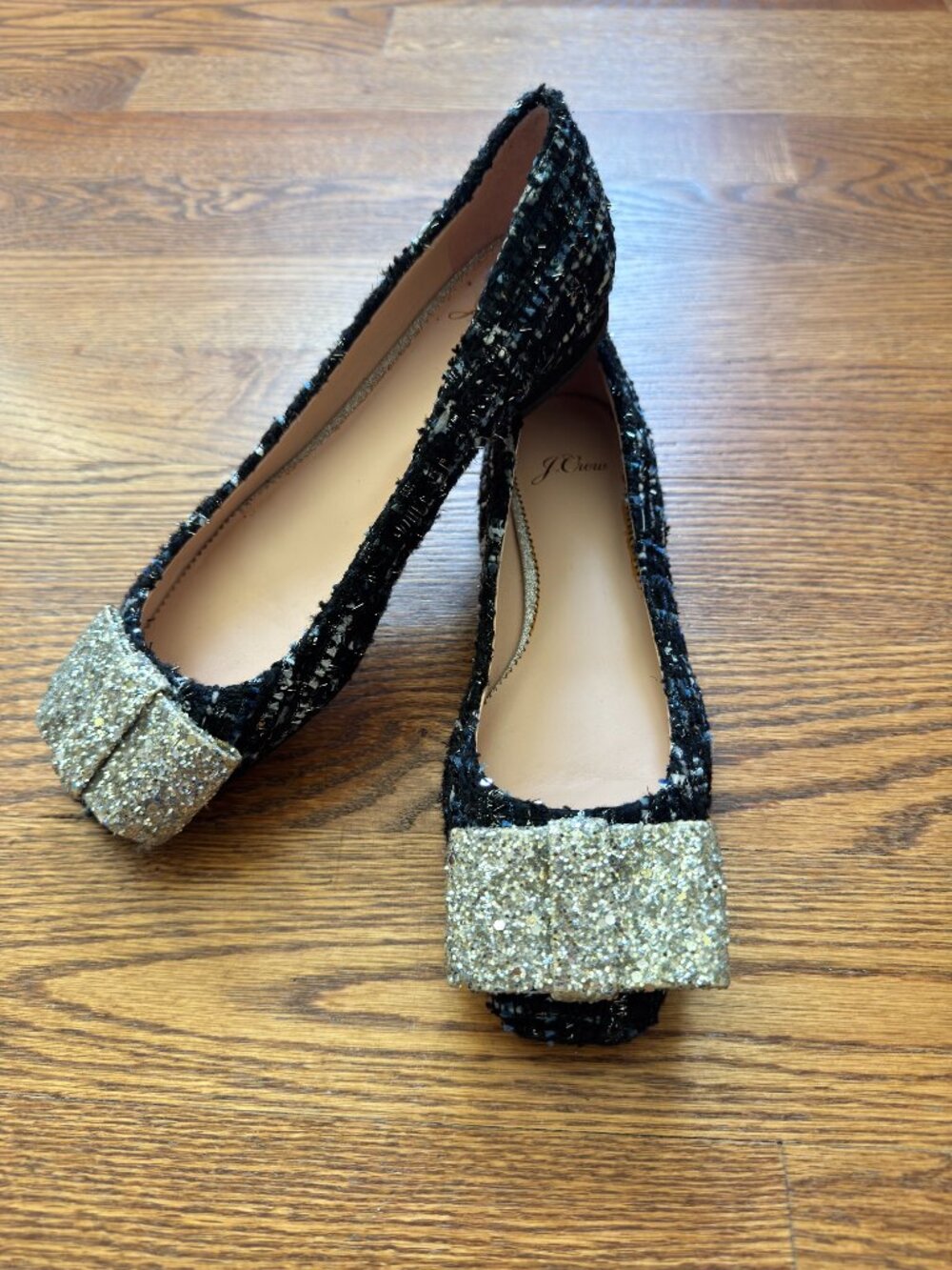 J.Crew Poppy Tweed Ballet Flats Black Silver Glitter Bow Size 7M Preppy Minimal